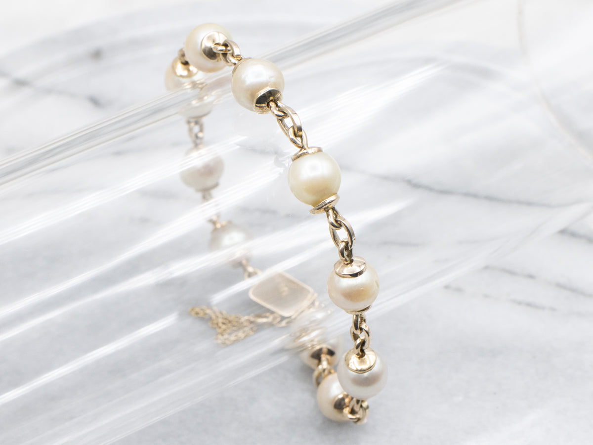 Vintage 14K Yellow Gold Pearl Link Bracelet