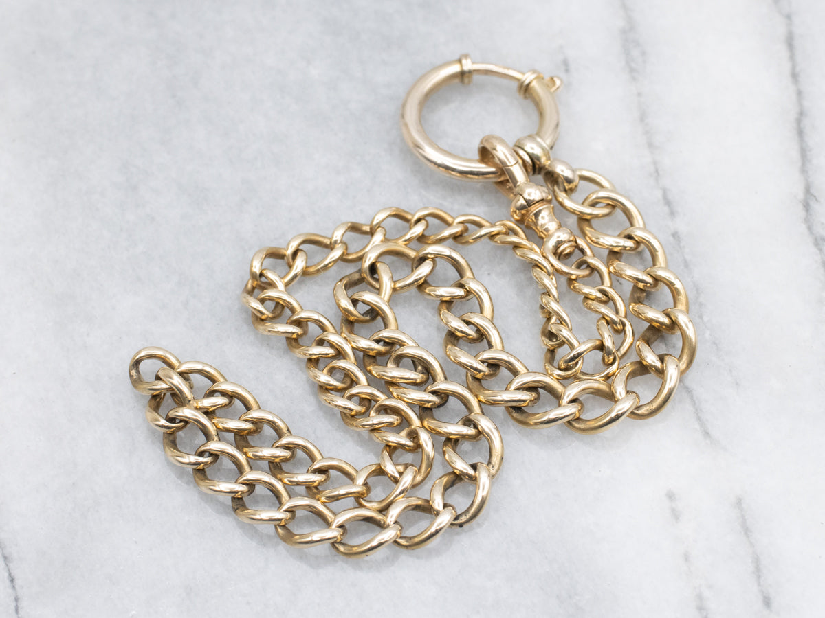 Vintage Gold Curb Link Watch Chain Necklace with Large Spring Ring Clasp