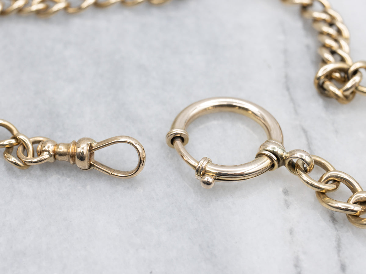 Vintage Gold Curb Link Watch Chain Necklace with Large Spring Ring Clasp
