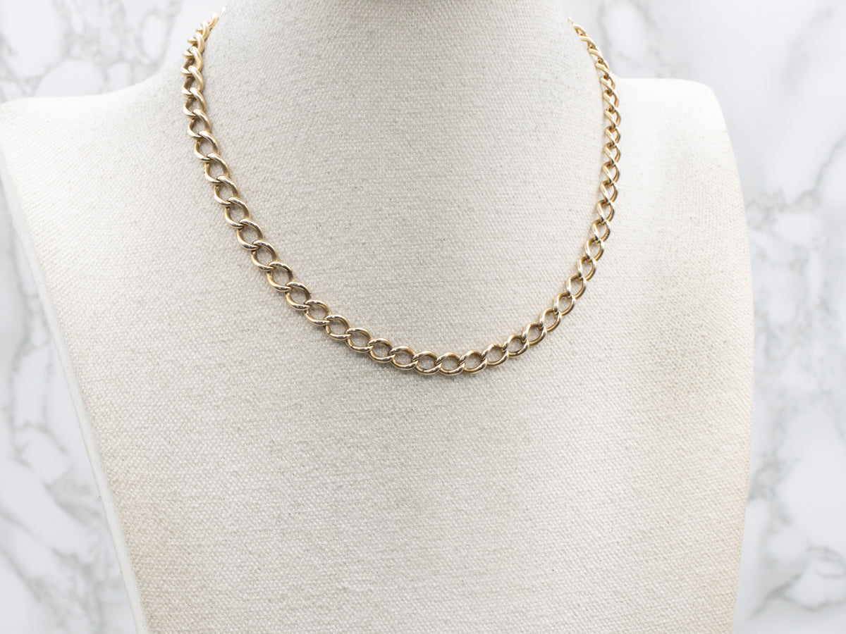 Vintage Gold Curb Link Watch Chain Necklace with Large Spring Ring Clasp