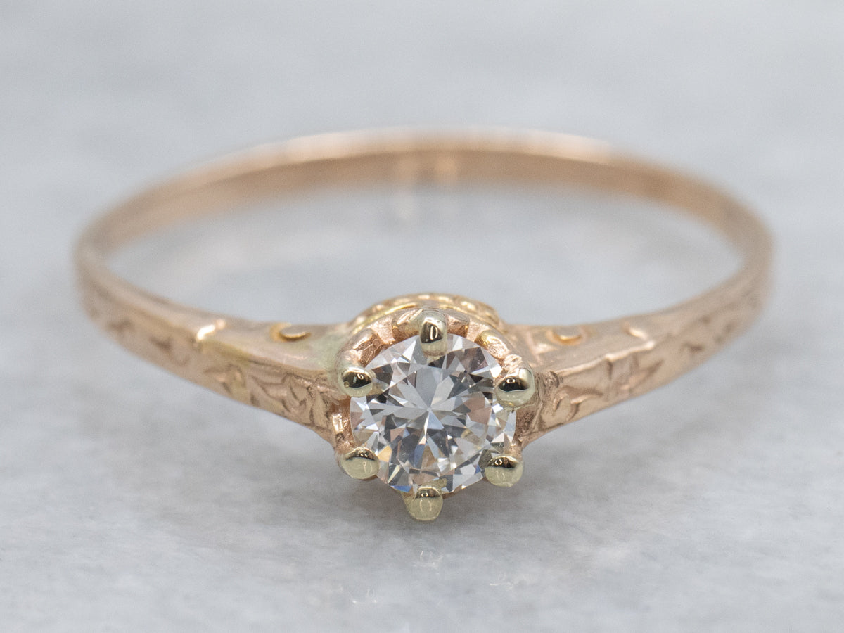 European Cut Diamond Solitaire in Engraved Gold Engagement Setting