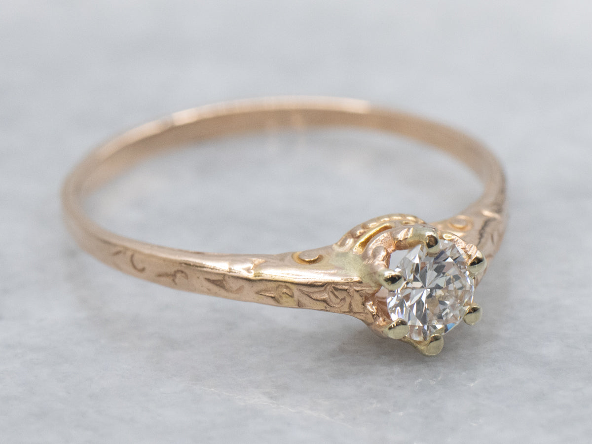 European Cut Diamond Solitaire in Engraved Gold Engagement Setting