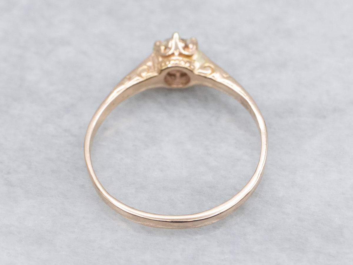 European Cut Diamond Solitaire in Engraved Gold Engagement Setting