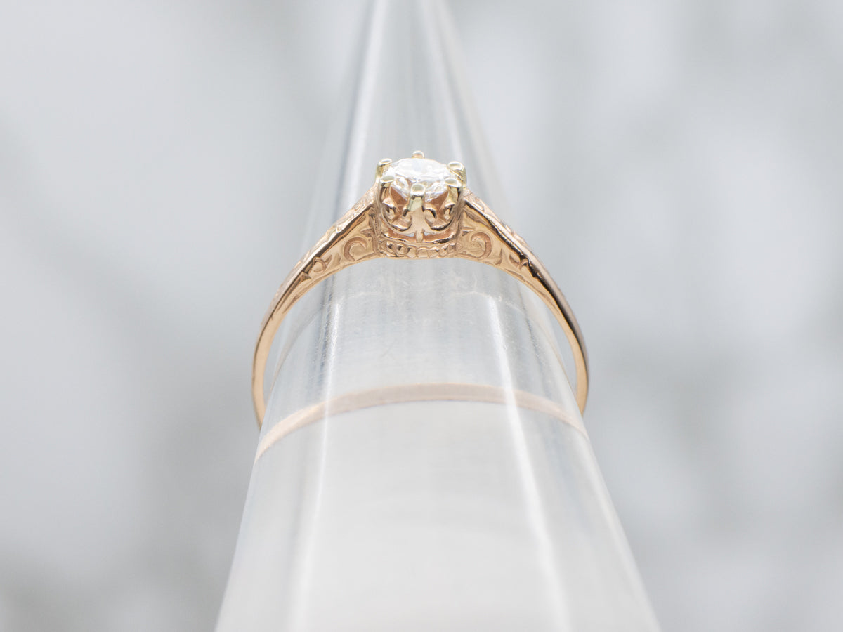 European Cut Diamond Solitaire in Engraved Gold Engagement Setting