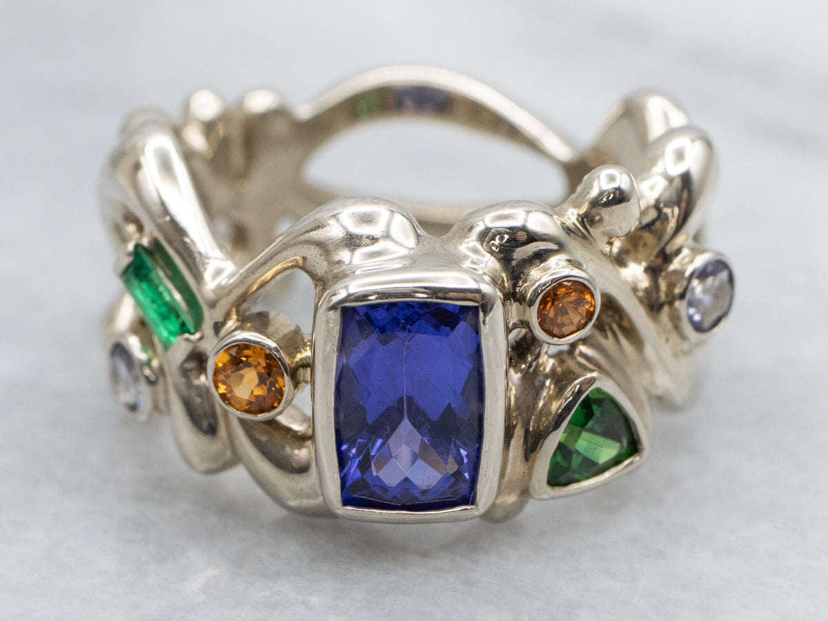 Modernist Multi-Gemstone Abstract Gold Ring