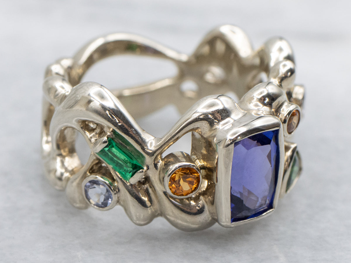 Modernist Multi-Gemstone Abstract Gold Ring