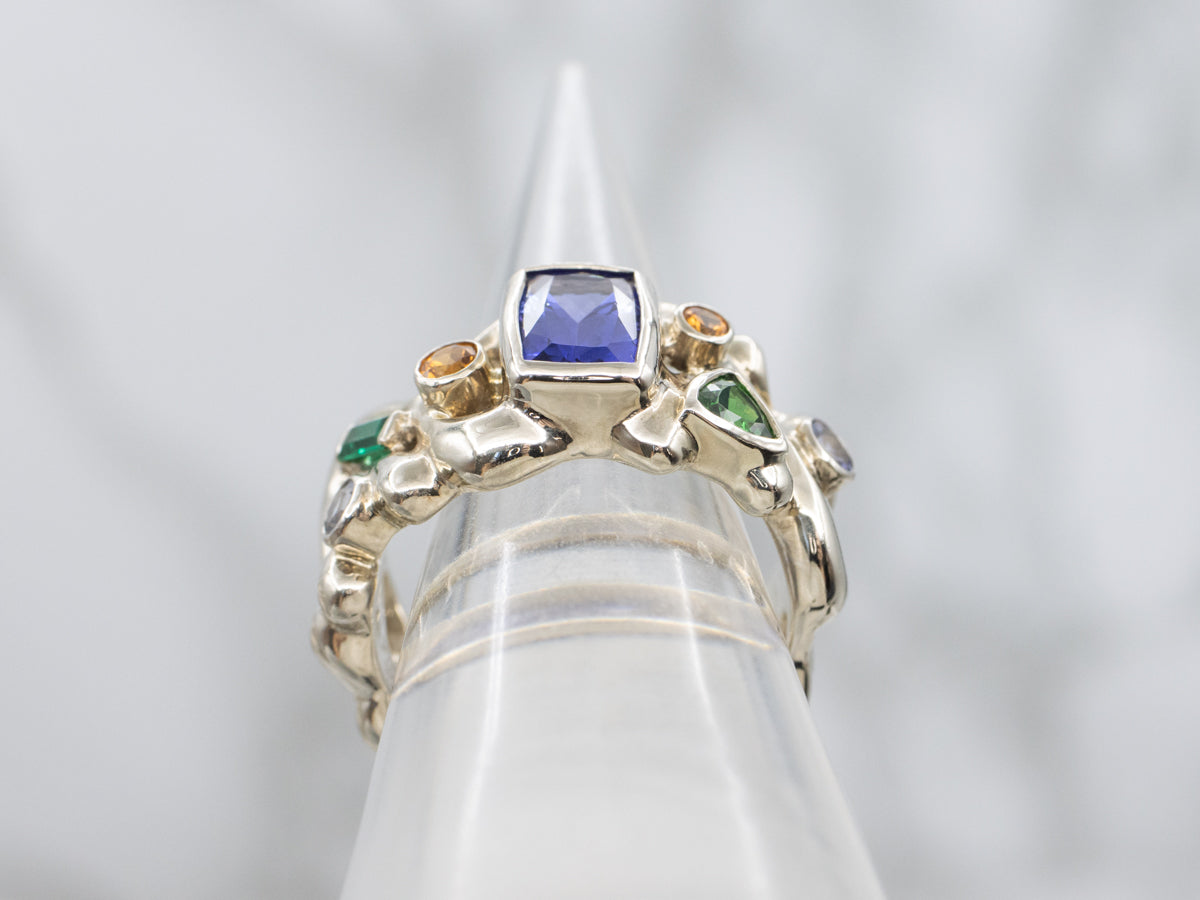 Modernist Multi-Gemstone Abstract Gold Ring