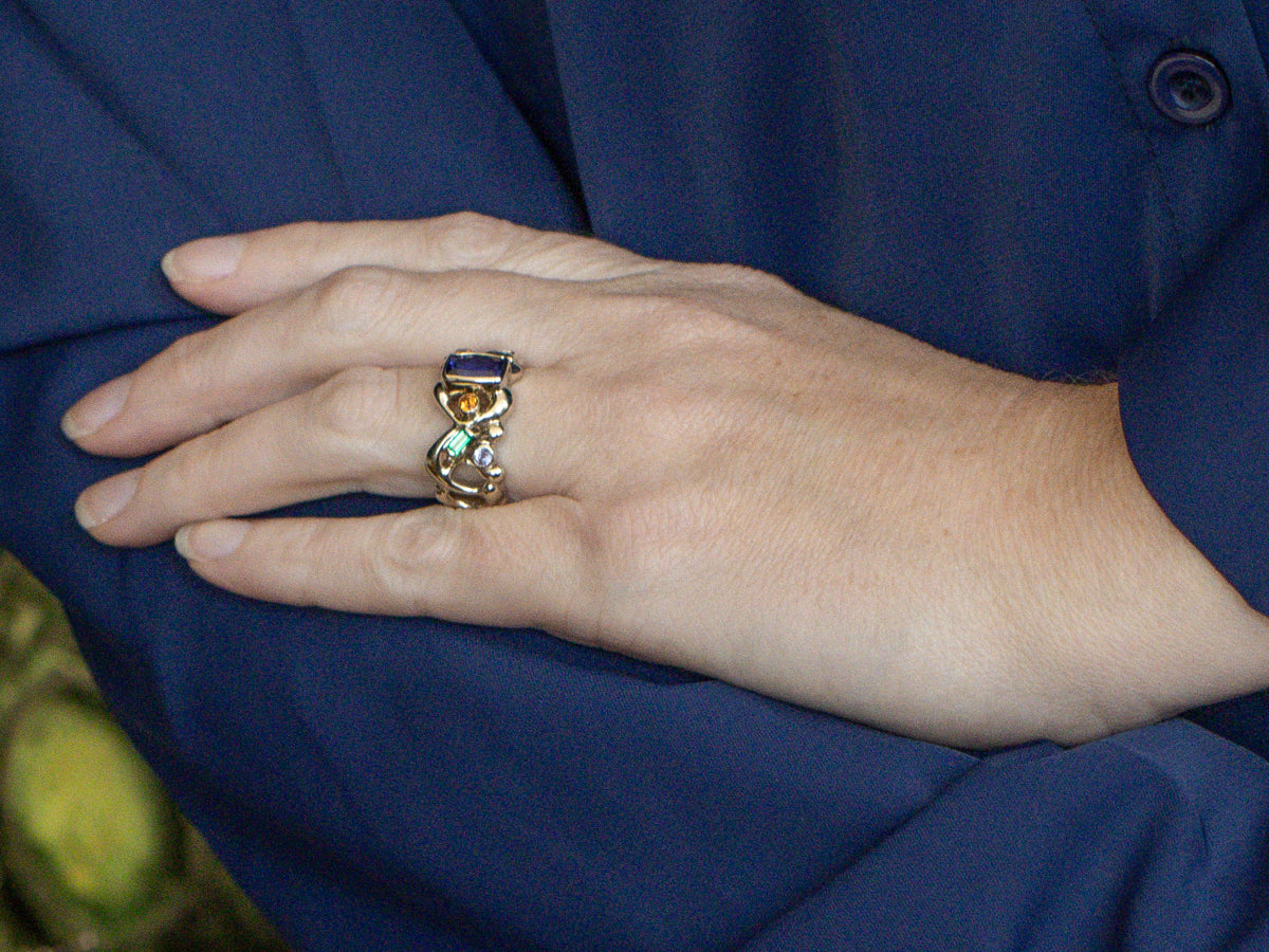Modernist Multi-Gemstone Abstract Gold Ring