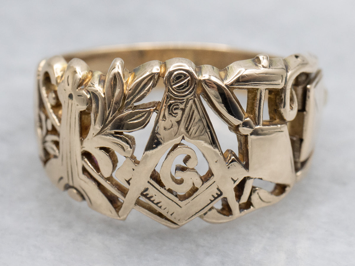 Antique Gold Masonic Symbols Ring with Hidden Compartment