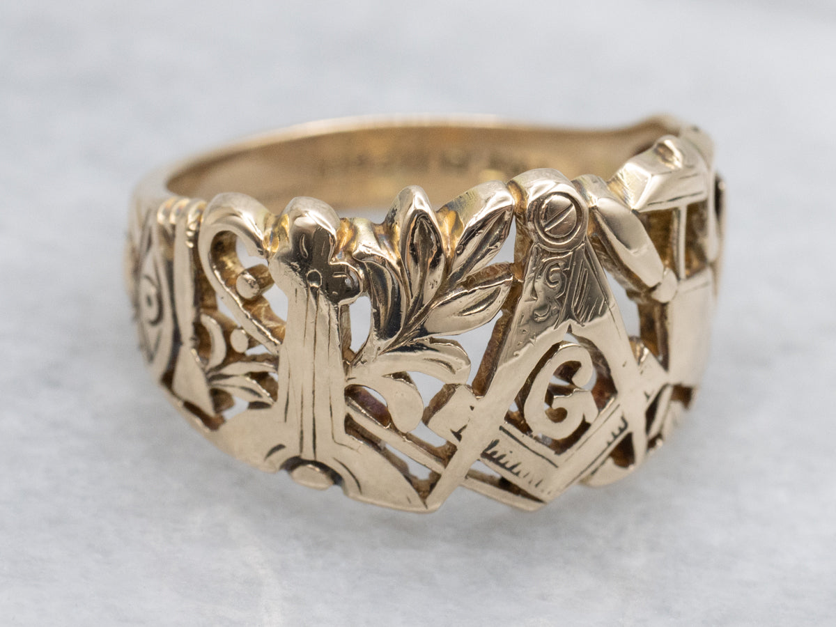 Antique Gold Masonic Symbols Ring with Hidden Compartment