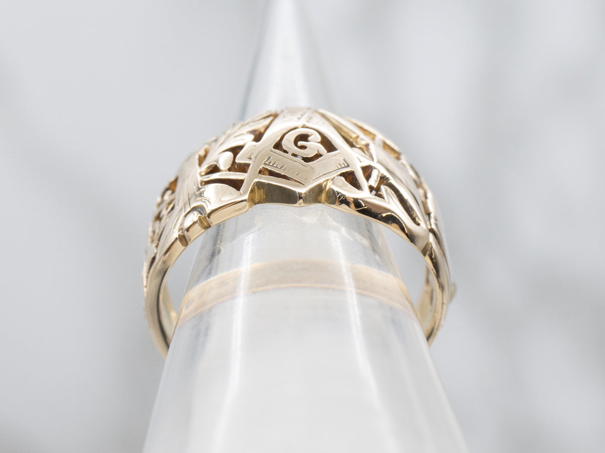 Antique Gold Masonic Symbols Ring with Hidden Compartment