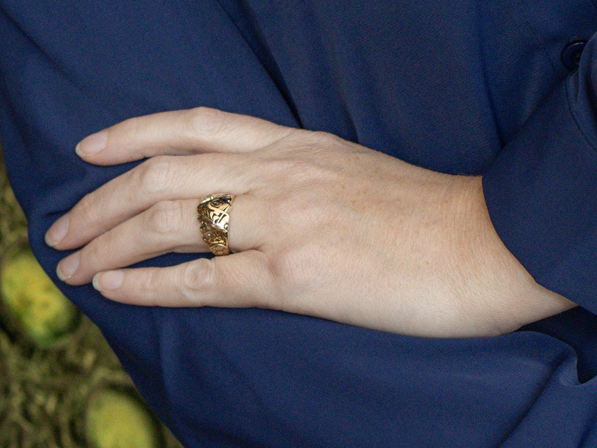 Antique Gold Masonic Symbols Ring with Hidden Compartment