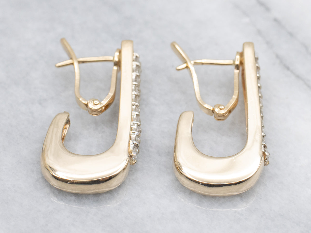 Modern Diamond Yellow Gold J-Hoop Drop Earrings