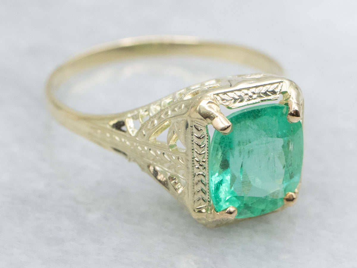 Antique 14K Green Gold Cushion Cut Emerald Solitaire Ring