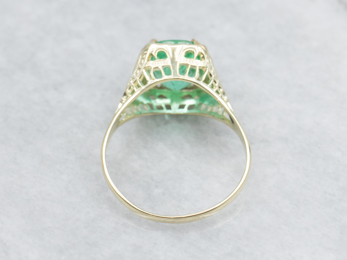 Antique 14K Green Gold Cushion Cut Emerald Solitaire Ring