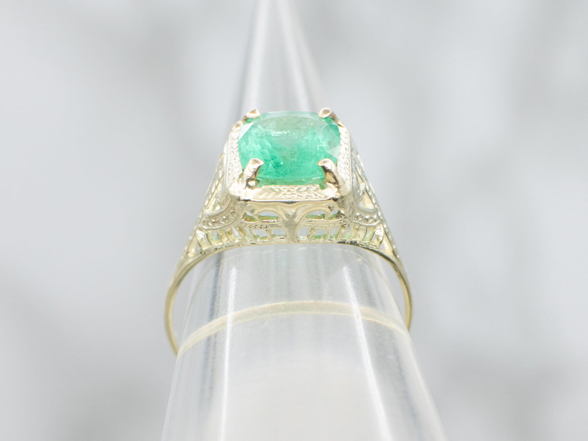 Antique 14K Green Gold Cushion Cut Emerald Solitaire Ring