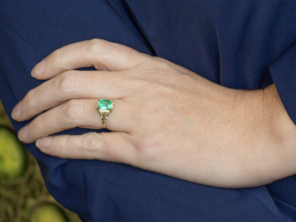 Antique 14K Green Gold Cushion Cut Emerald Solitaire Ring