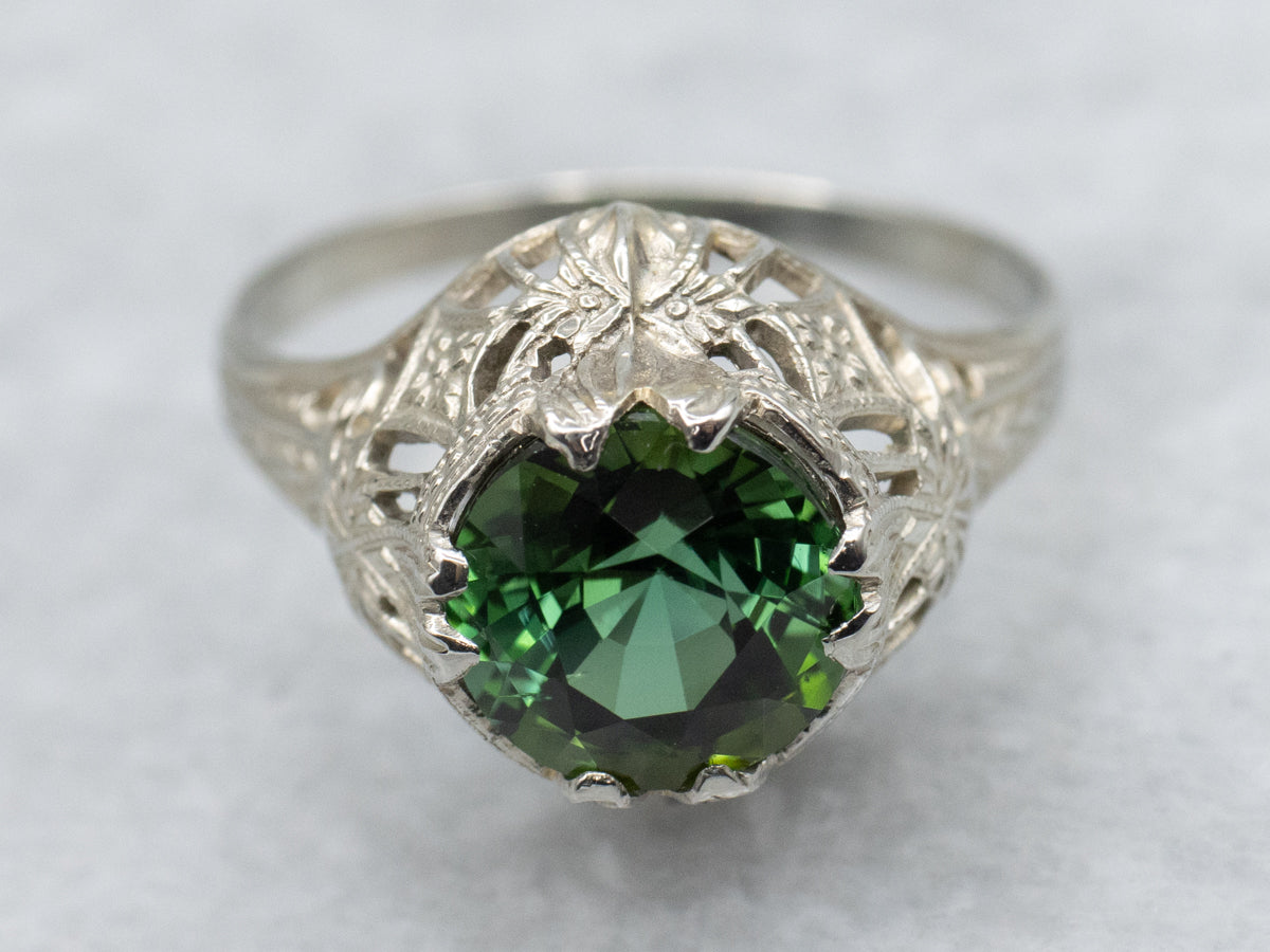 Art Deco White Gold Green Tourmaline Solitaire Ring