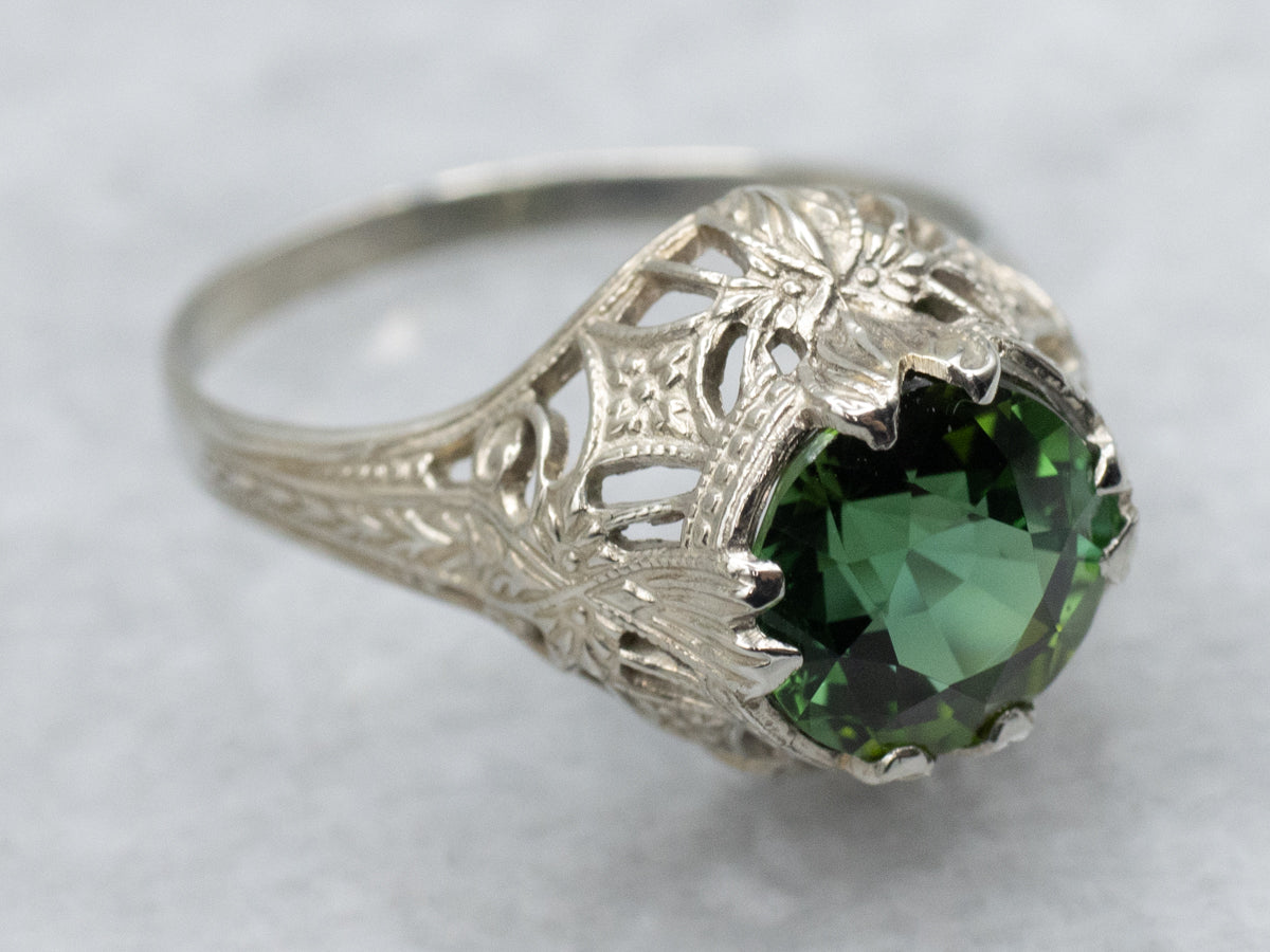 Art Deco White Gold Green Tourmaline Solitaire Ring