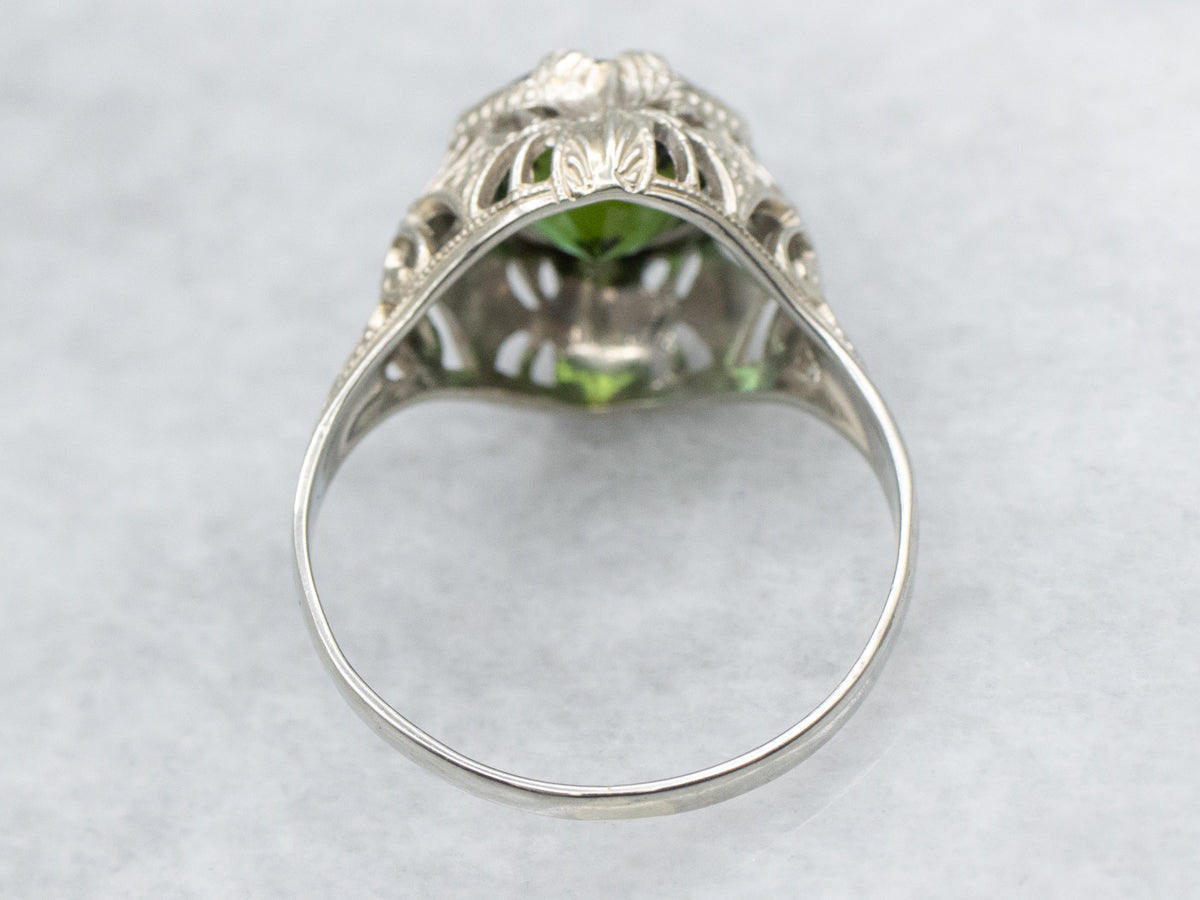 Art Deco White Gold Green Tourmaline Solitaire Ring