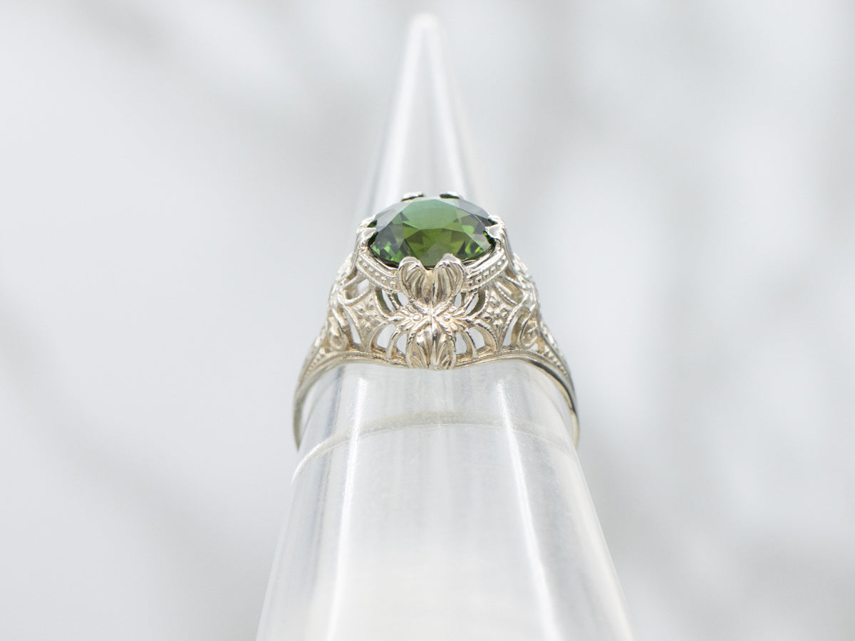 Art Deco White Gold Green Tourmaline Solitaire Ring