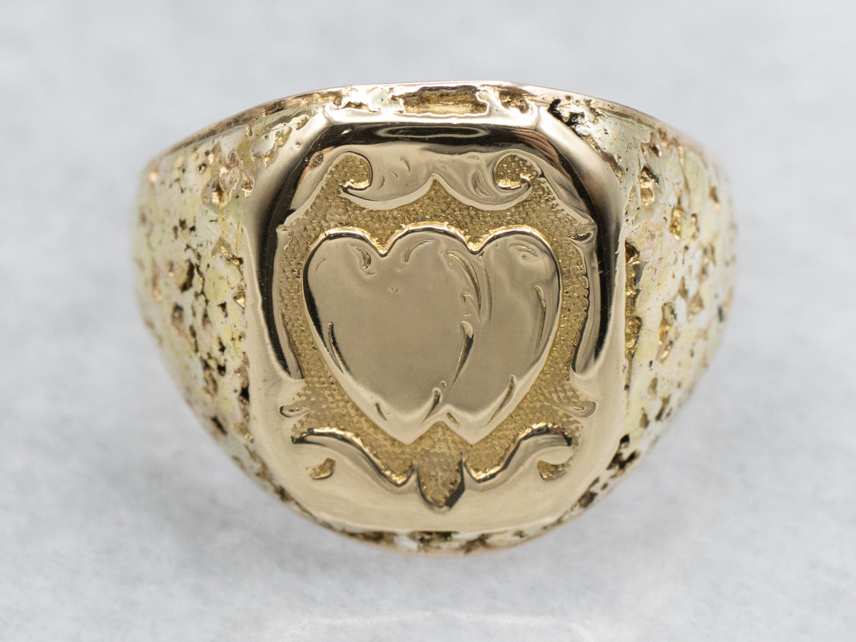 Vintage Double Heart Yellow Gold Signet Ring
