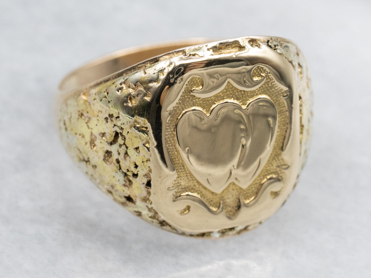 Vintage Double Heart Yellow Gold Signet Ring