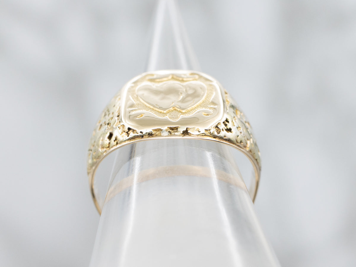 Vintage Double Heart Yellow Gold Signet Ring