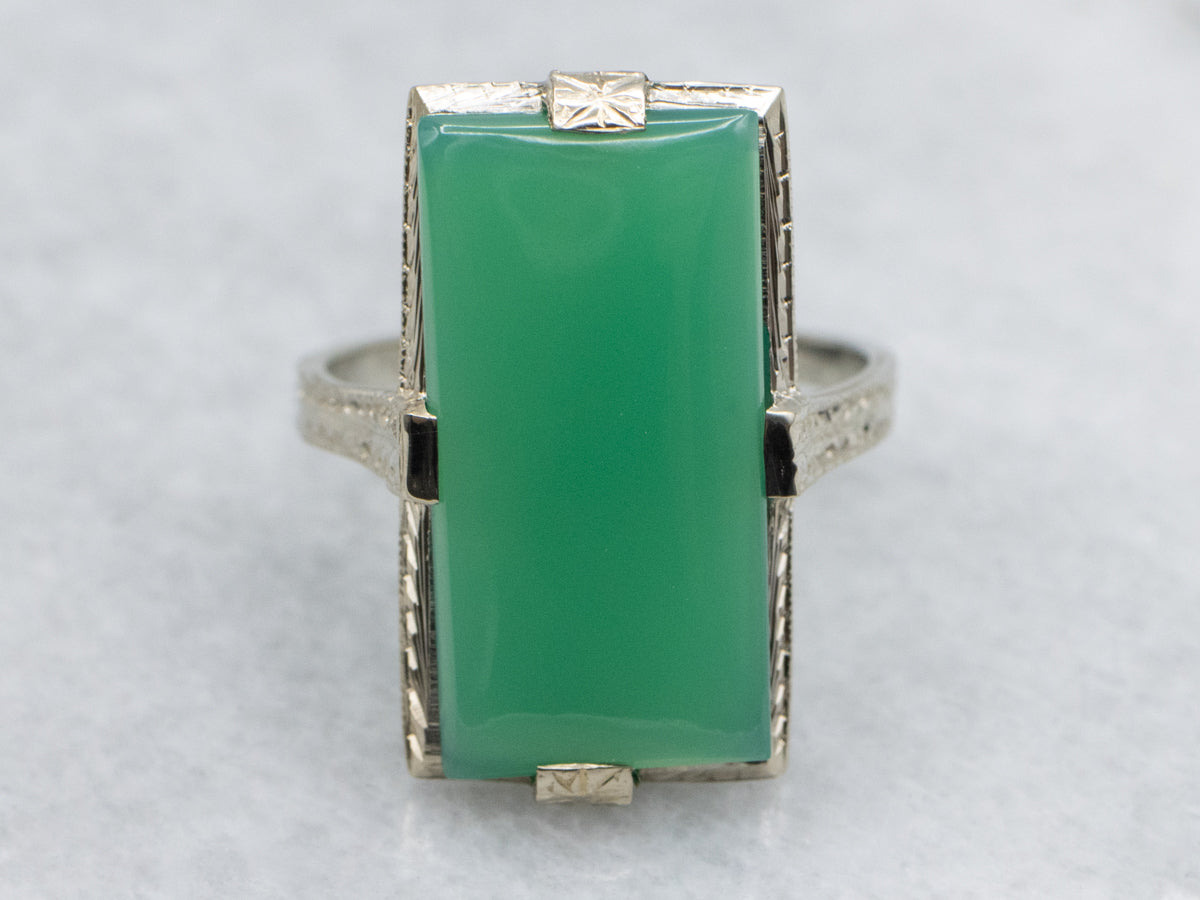 Hand-Engraved Green Onyx Art Deco Era Ring