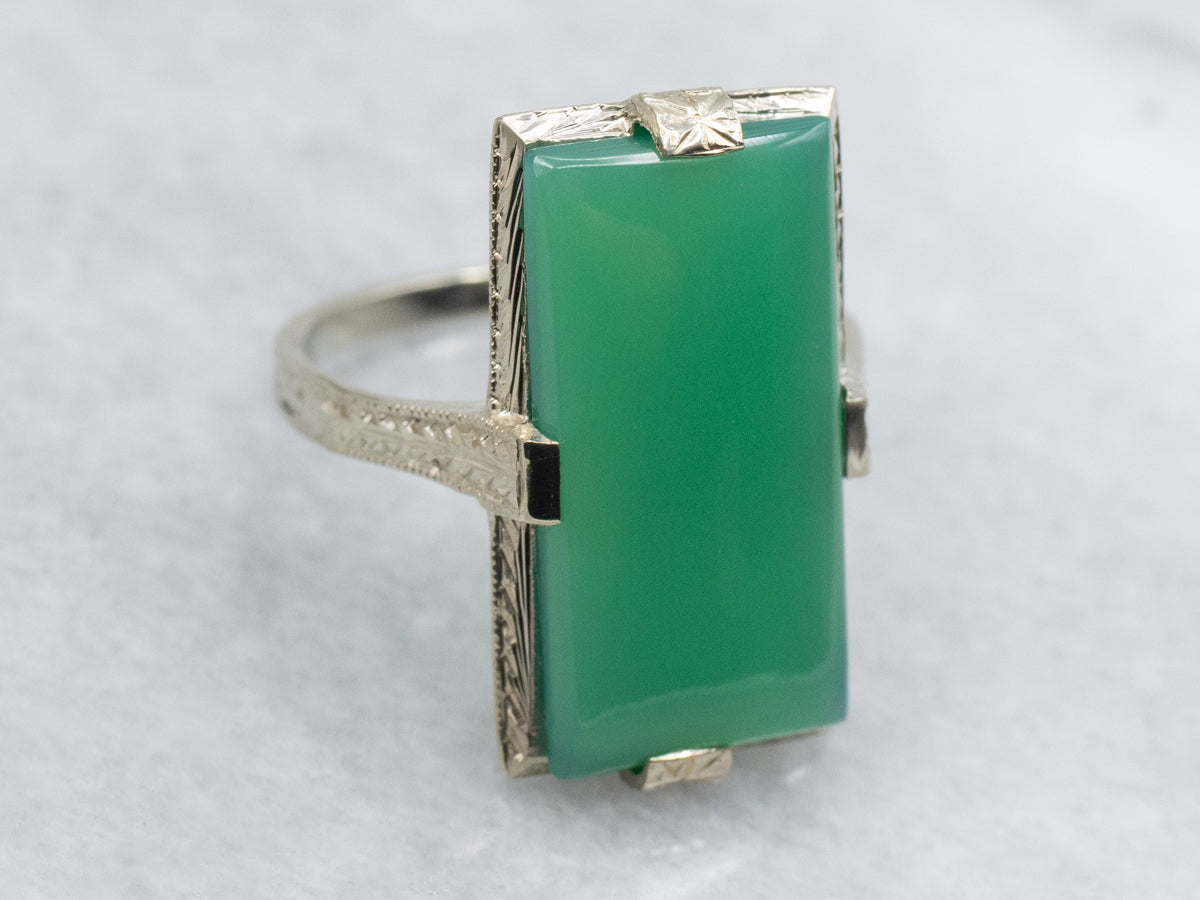 Hand-Engraved Green Onyx Art Deco Era Ring