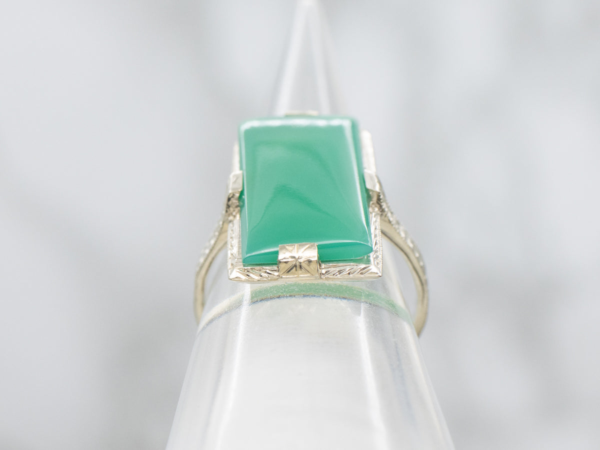Hand-Engraved Green Onyx Art Deco Era Ring