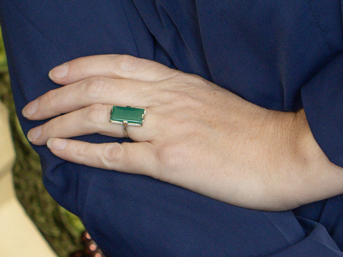Hand-Engraved Green Onyx Art Deco Era Ring