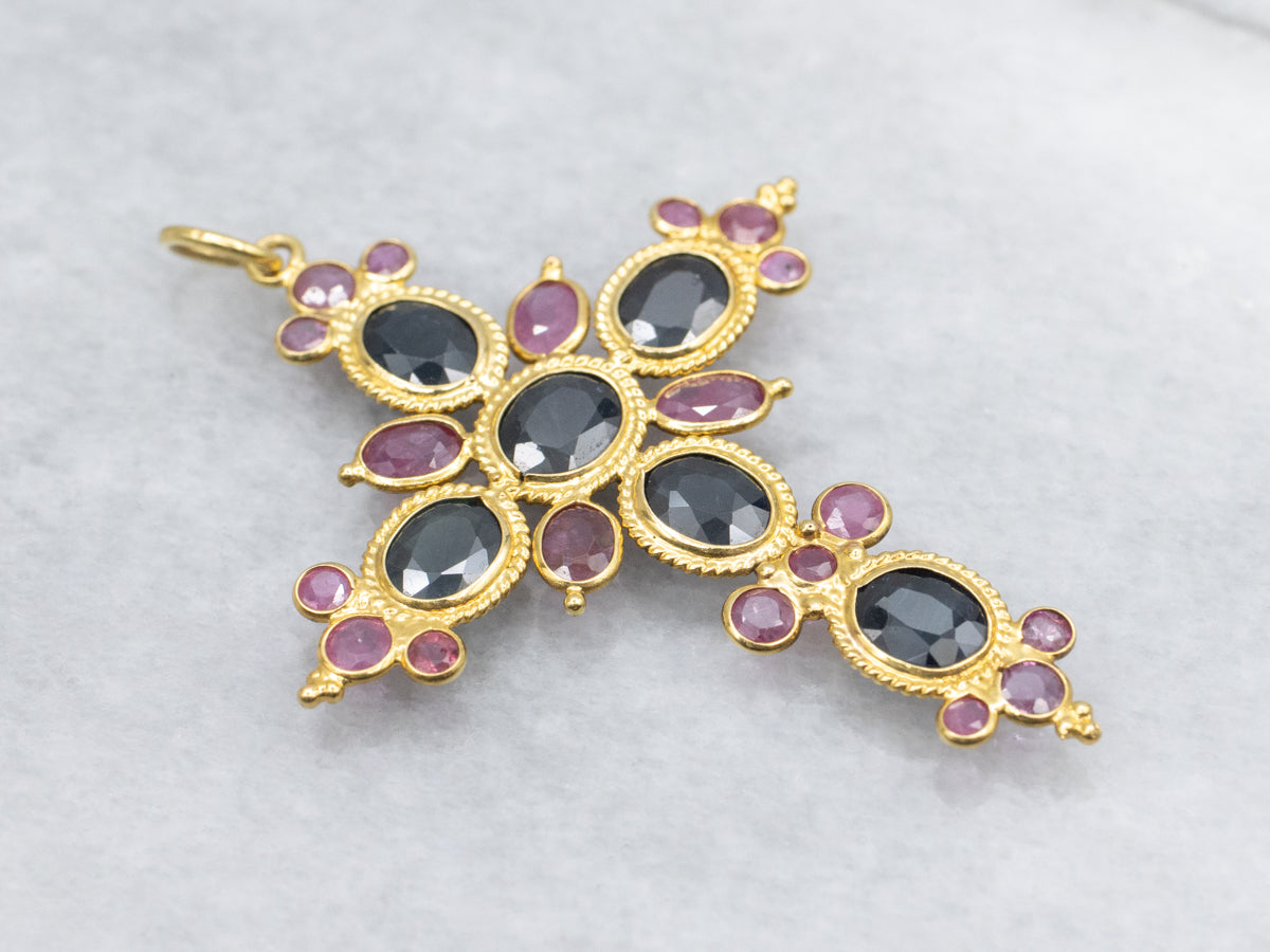 Sapphire Ruby and 18-Karat Gold Gemstone Cross Pendant