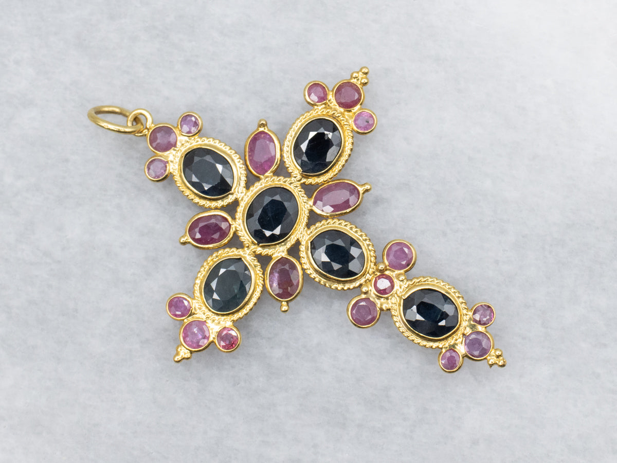 Sapphire Ruby and 18-Karat Gold Gemstone Cross Pendant