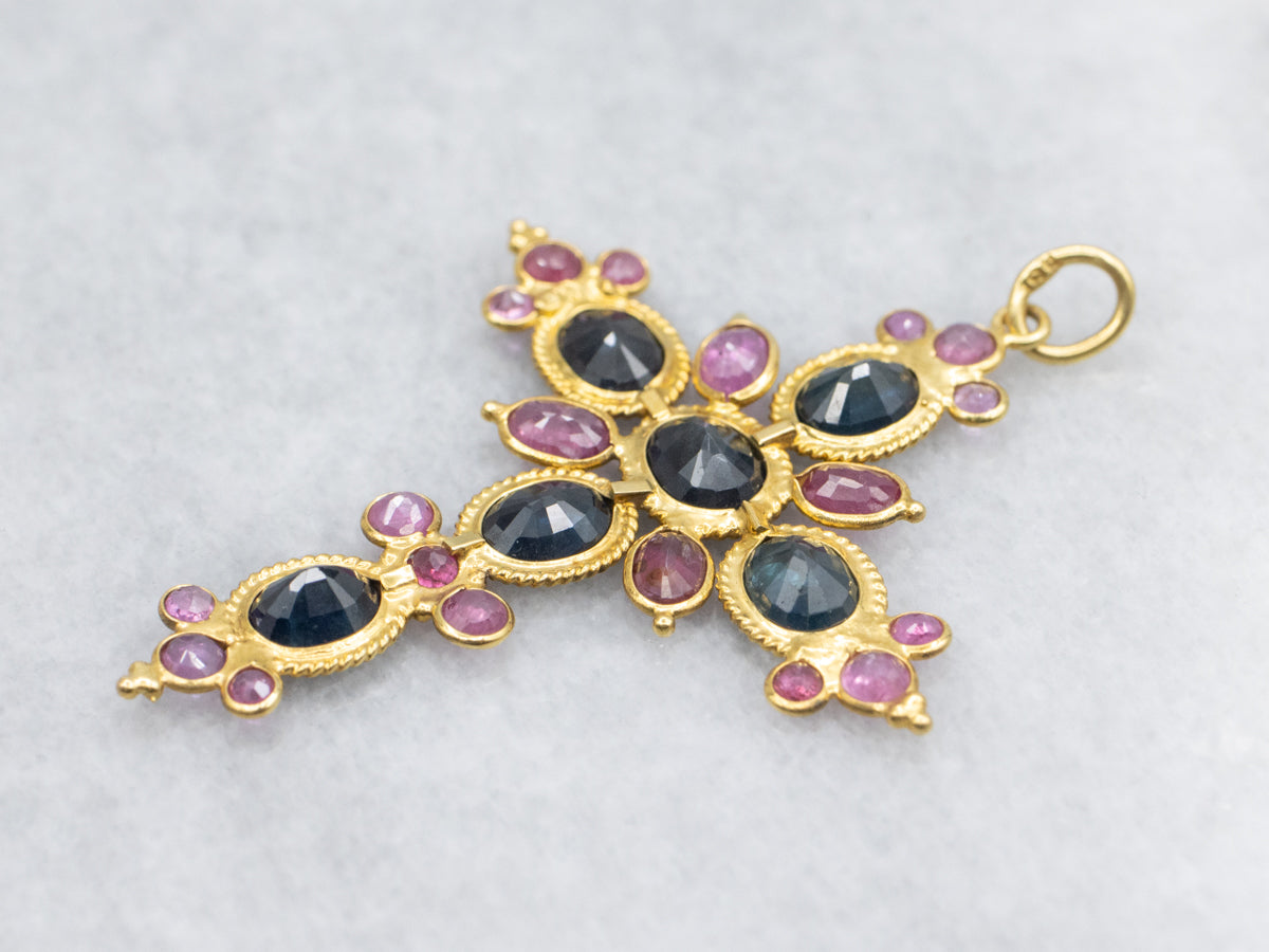 Sapphire Ruby and 18-Karat Gold Gemstone Cross Pendant