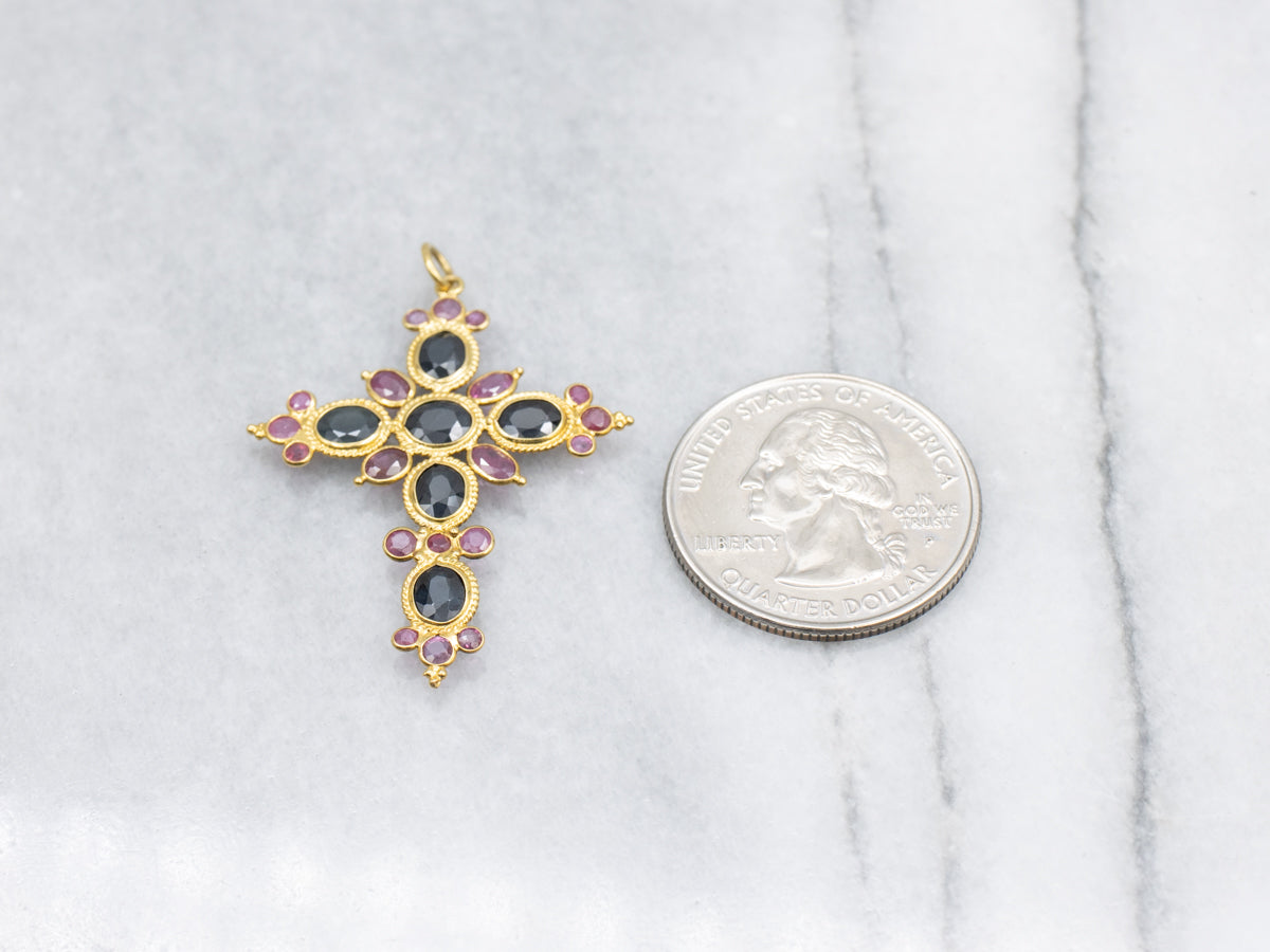 Sapphire Ruby and 18-Karat Gold Gemstone Cross Pendant
