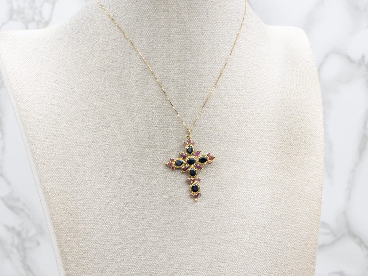 Sapphire Ruby and 18-Karat Gold Gemstone Cross Pendant