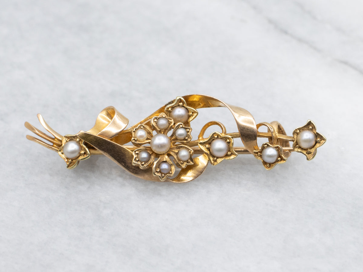 Antique Floral Seed Pearl Gold Pin