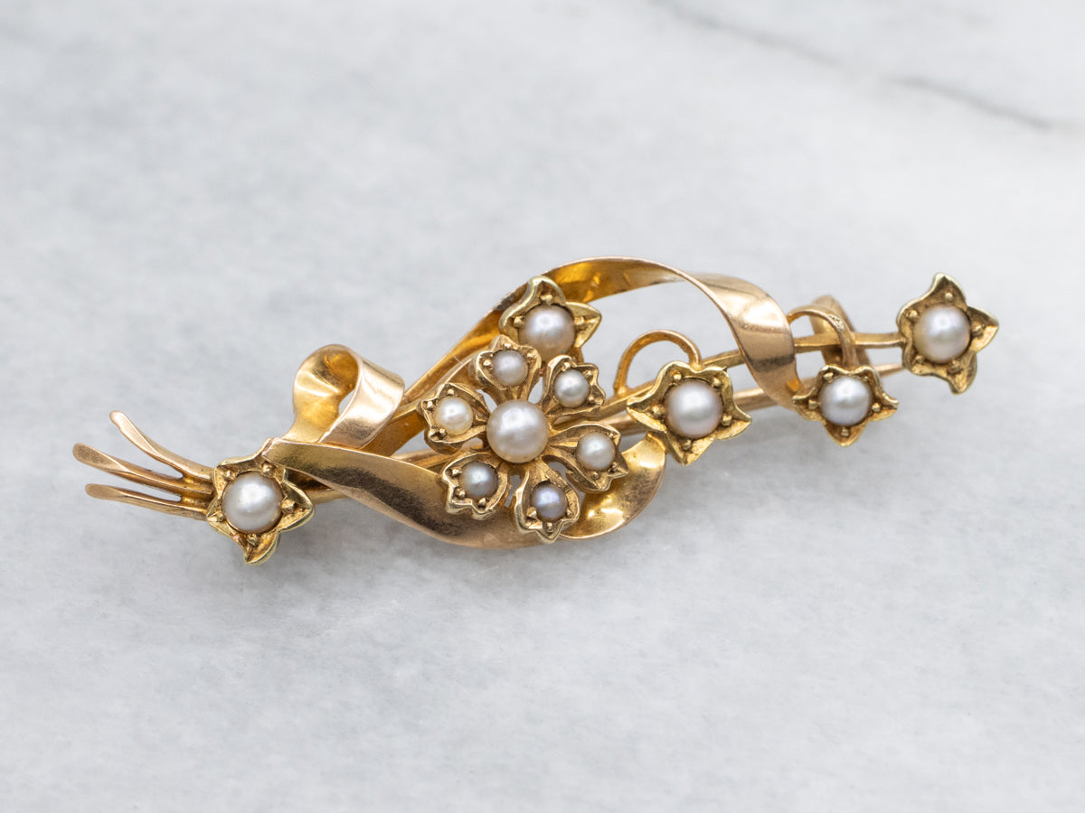 Antique Floral Seed Pearl Gold Pin