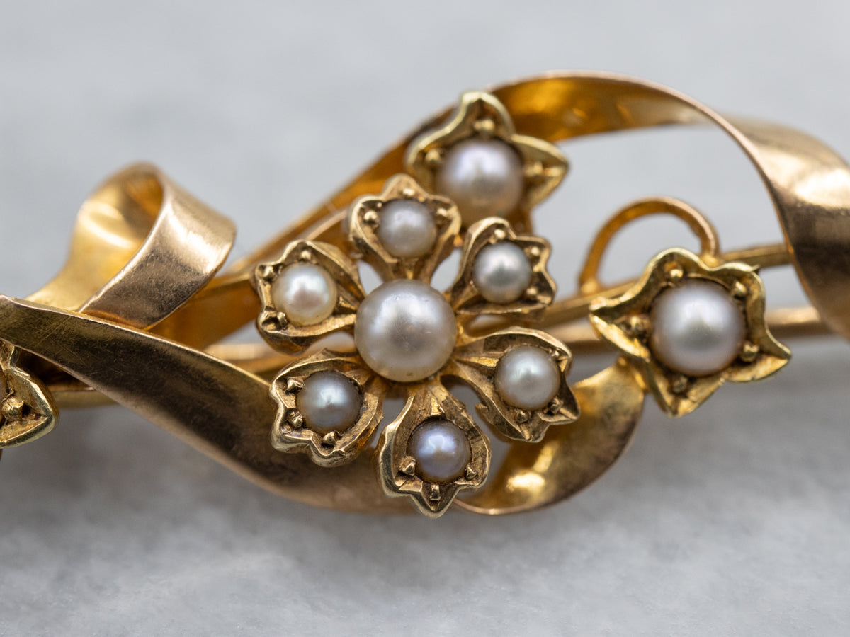 Antique Floral Seed Pearl Gold Pin