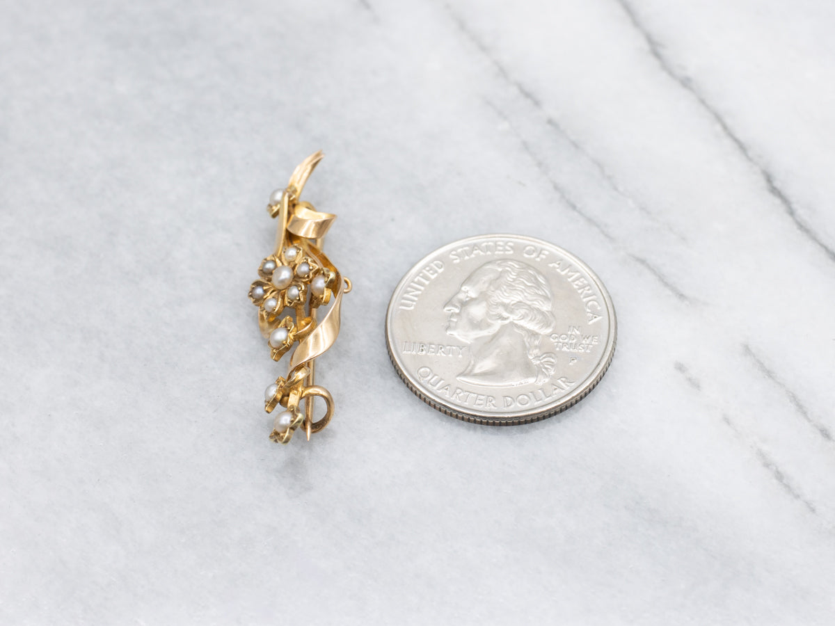 Antique Floral Seed Pearl Gold Pin