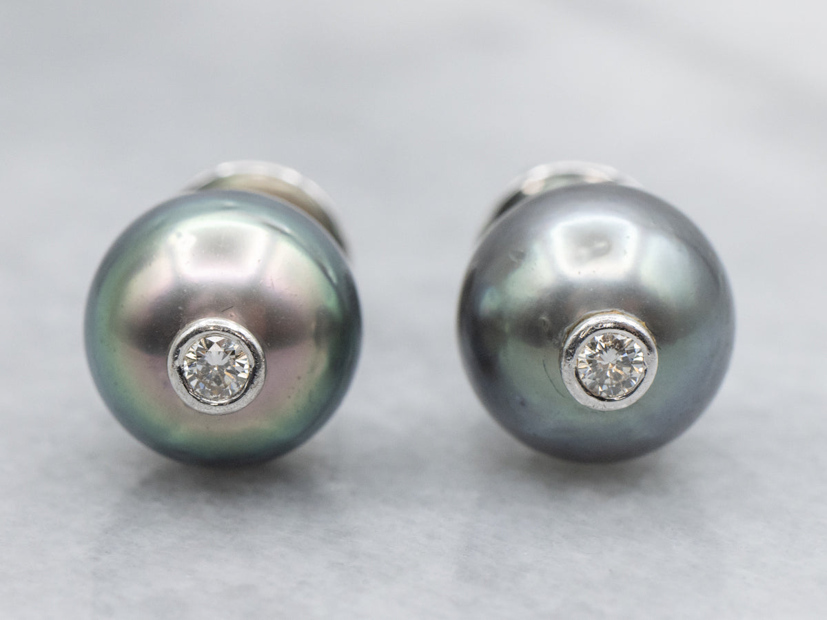 18K White Gold Black Pearl and Diamond Stud Earrings