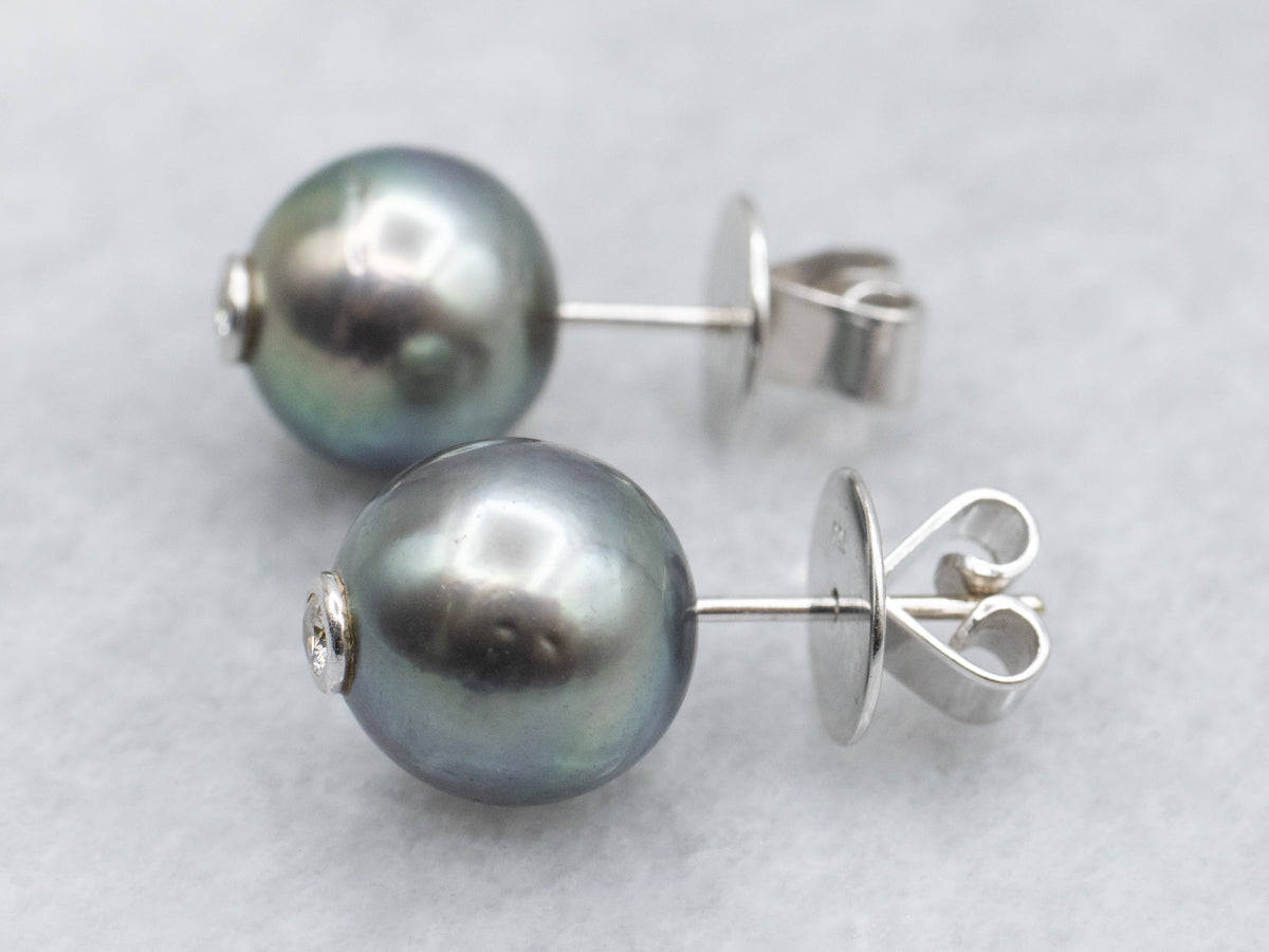 18K White Gold Black Pearl and Diamond Stud Earrings