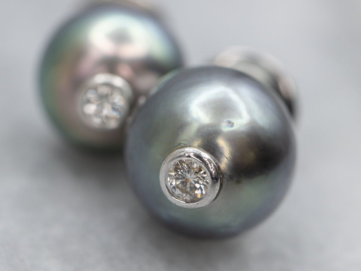 18K White Gold Black Pearl and Diamond Stud Earrings