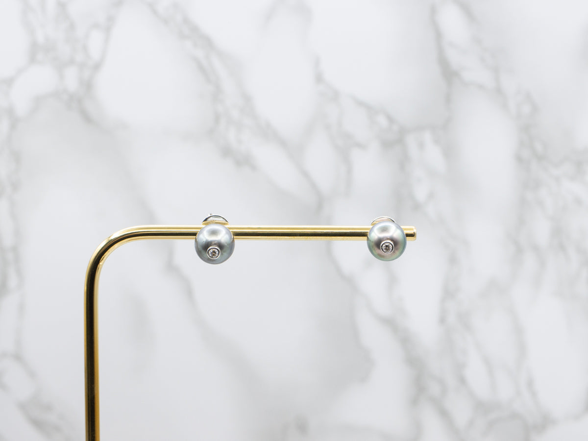 18K White Gold Black Pearl and Diamond Stud Earrings