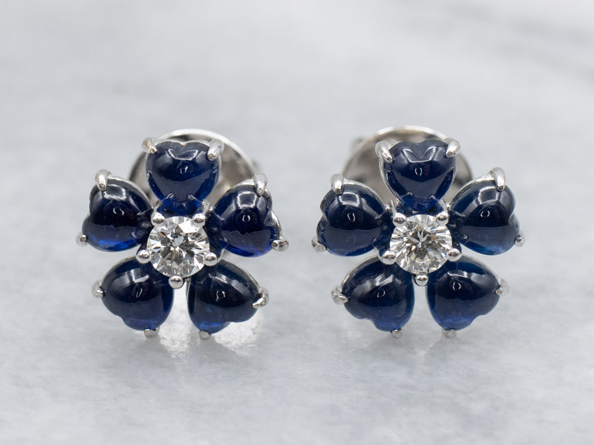 18K White Gold Sapphire Cabochon and Diamond Flower Stud Earrings