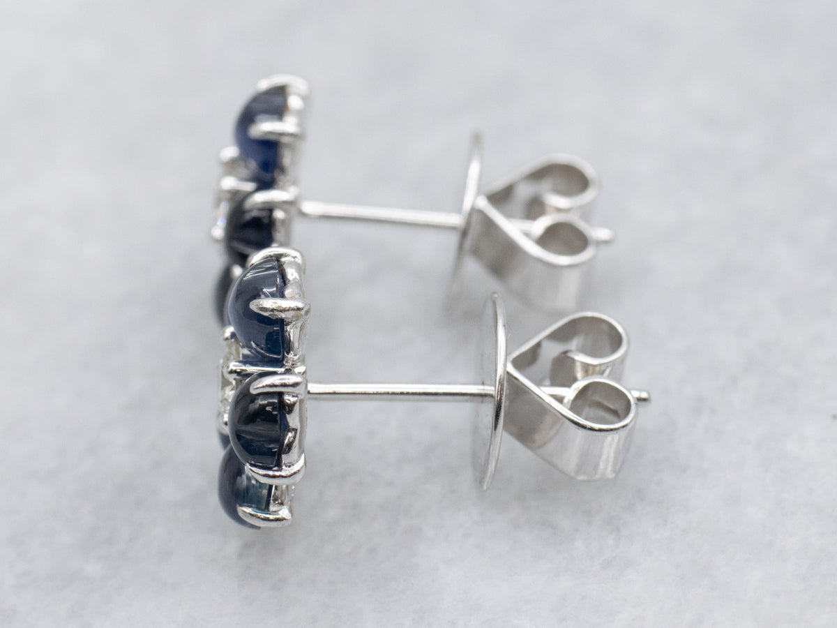 18K White Gold Sapphire Cabochon and Diamond Flower Stud Earrings