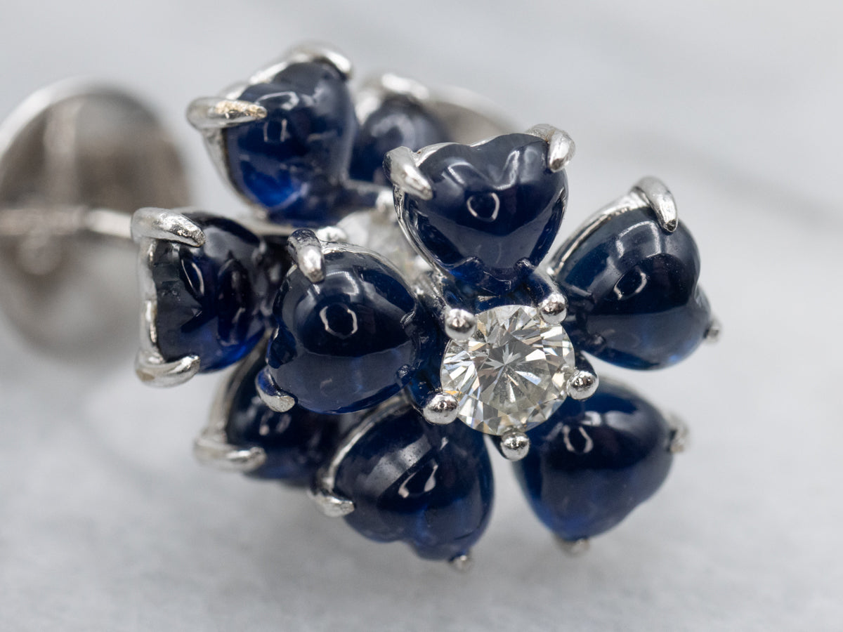 18K White Gold Sapphire Cabochon and Diamond Flower Stud Earrings