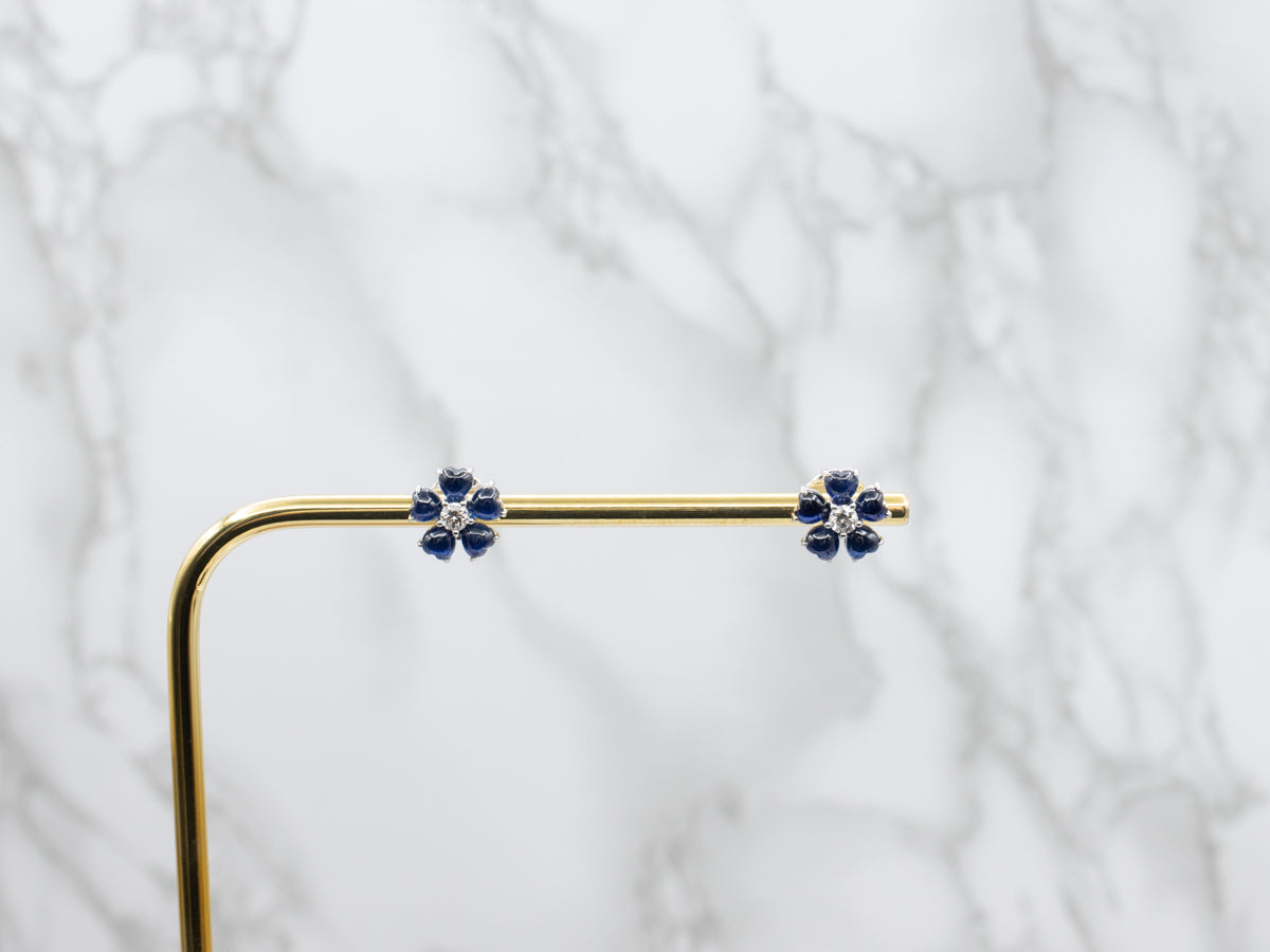 18K White Gold Sapphire Cabochon and Diamond Flower Stud Earrings