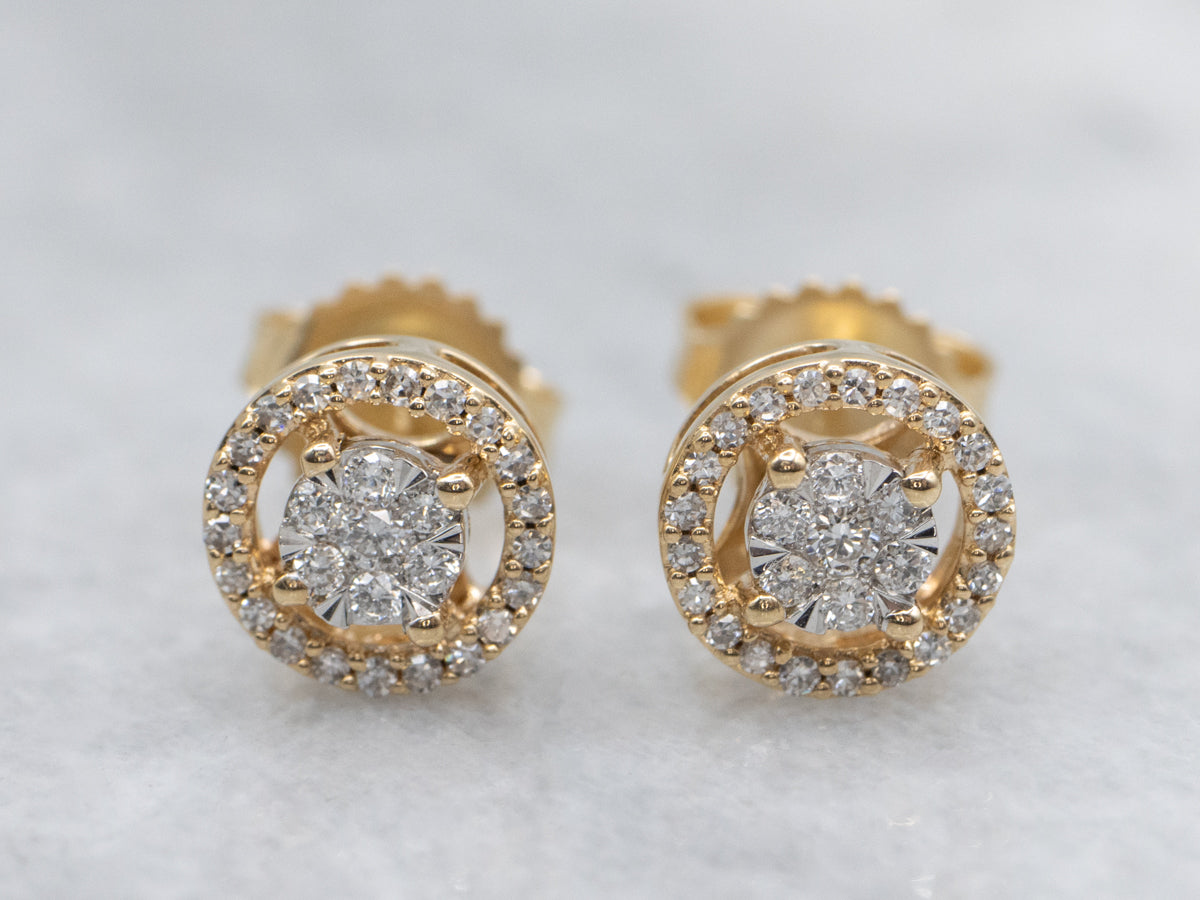 Round Diamond Cluster Yellow Gold Stud Earrings